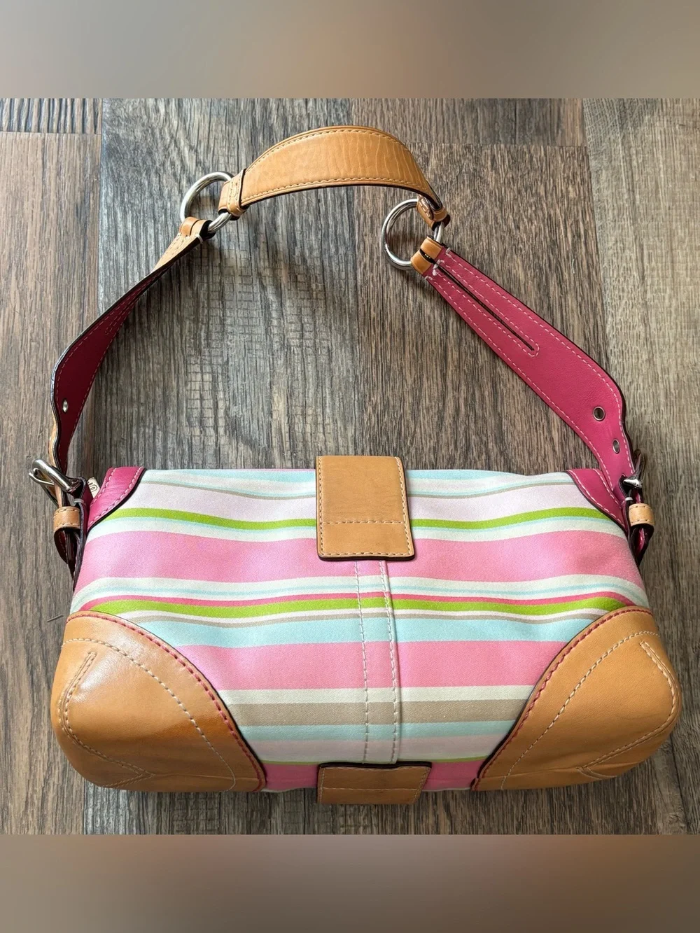 Vintage Y2K Coach Soho Hampton Pastel Pink Striped Canvas Shoulder  Bag Buckle